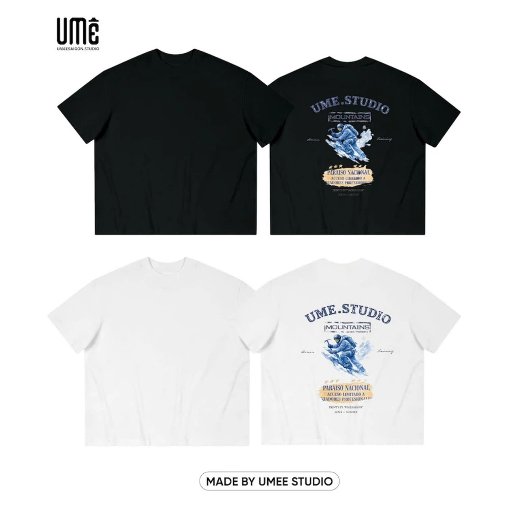 UMEESAIGON Áo Thun Form Boxy Tay Ngắn Cotton Cổ Tròn Nam Nữ Chữ " MOUNTAINS"