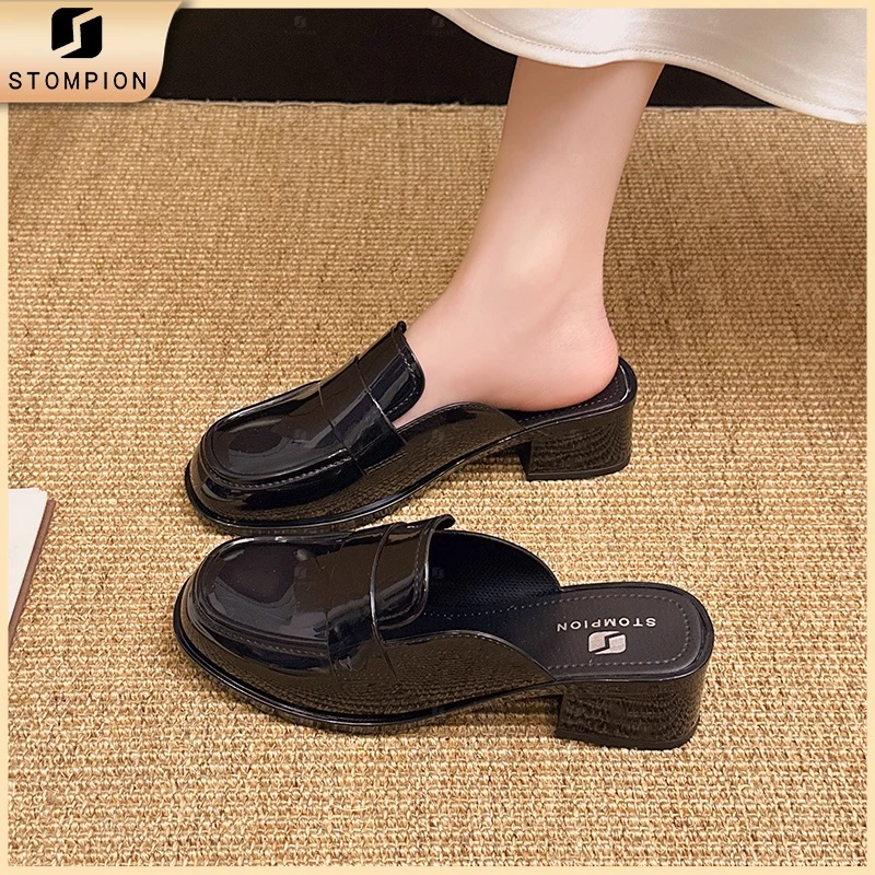 STOMPION Giày mule màu trắng kem, đế dày & gót to - Tăng chiều cao, phong cách thanh lịch