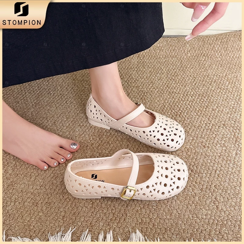 STOMPION Giày Mary Jane nữ mũi tròn đục lỗ thoáng mát chất liệu PVC, đế phẳng mềm dễ phối váy đi học dạo phố mùa hè