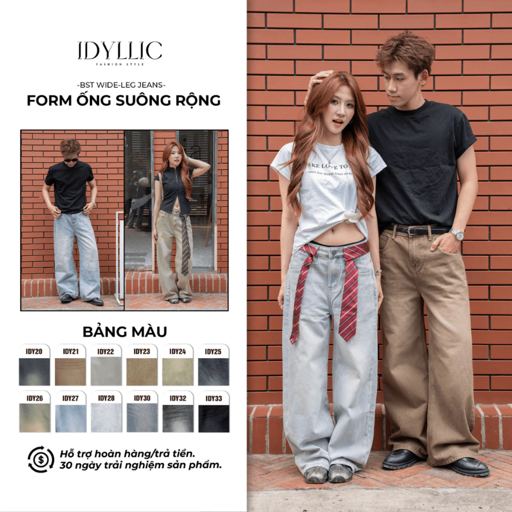 Quần Jean Ống Suông Rộng IDYLLIC Unisex Nam Nữ Thời Trang Che Khuyết Điểm Phong Cách Hàn Quốc