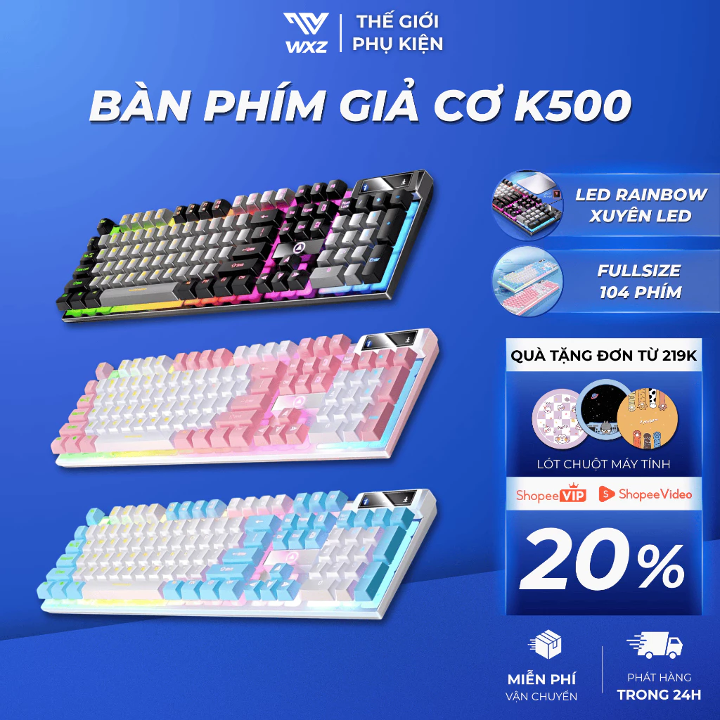Bàn Phím Máy Tính Giả Cơ K500 104 Phím Fullsize LED Rainbow Gõ Êm Chống Nước Gaming PC Laptop Giá Rẻ