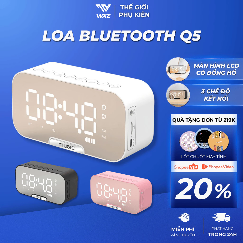 Loa Bluetooth Mini Q5 Kèm Đồng Hồ Điện Tử, Màn Hình Số LCD Rõ Nét, Bass Mạnh, Để Bàn Gọn Gàng