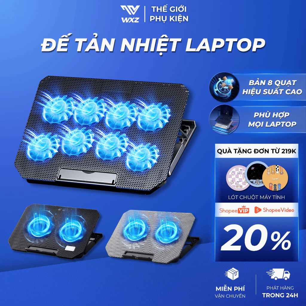 Đế Tản Nhiệt Laptop Q100 8 Quạt Tản Nhiệt Siêu Mát, Giá Đỡ Laptop 4 Mức Điều Chỉnh Độ Cao, Chống Ồn