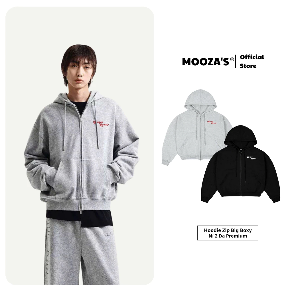 Áo Khoác Form Boxy MOOZA Logo Basic Hoodie Zip Nỉ 2 Da 480gsm Nam Nữ Unisex Local/ Garment