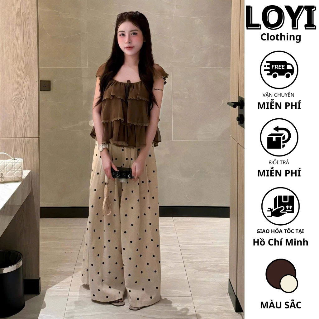 [Hỏa Tốc] Set Nữ Áo Tơ Tầng Bèo + Quần Ống Rộng Chấm Bi – Set Đồ Nữ Tiểu Thư Nhẹ Nhàng Dáng Rộng