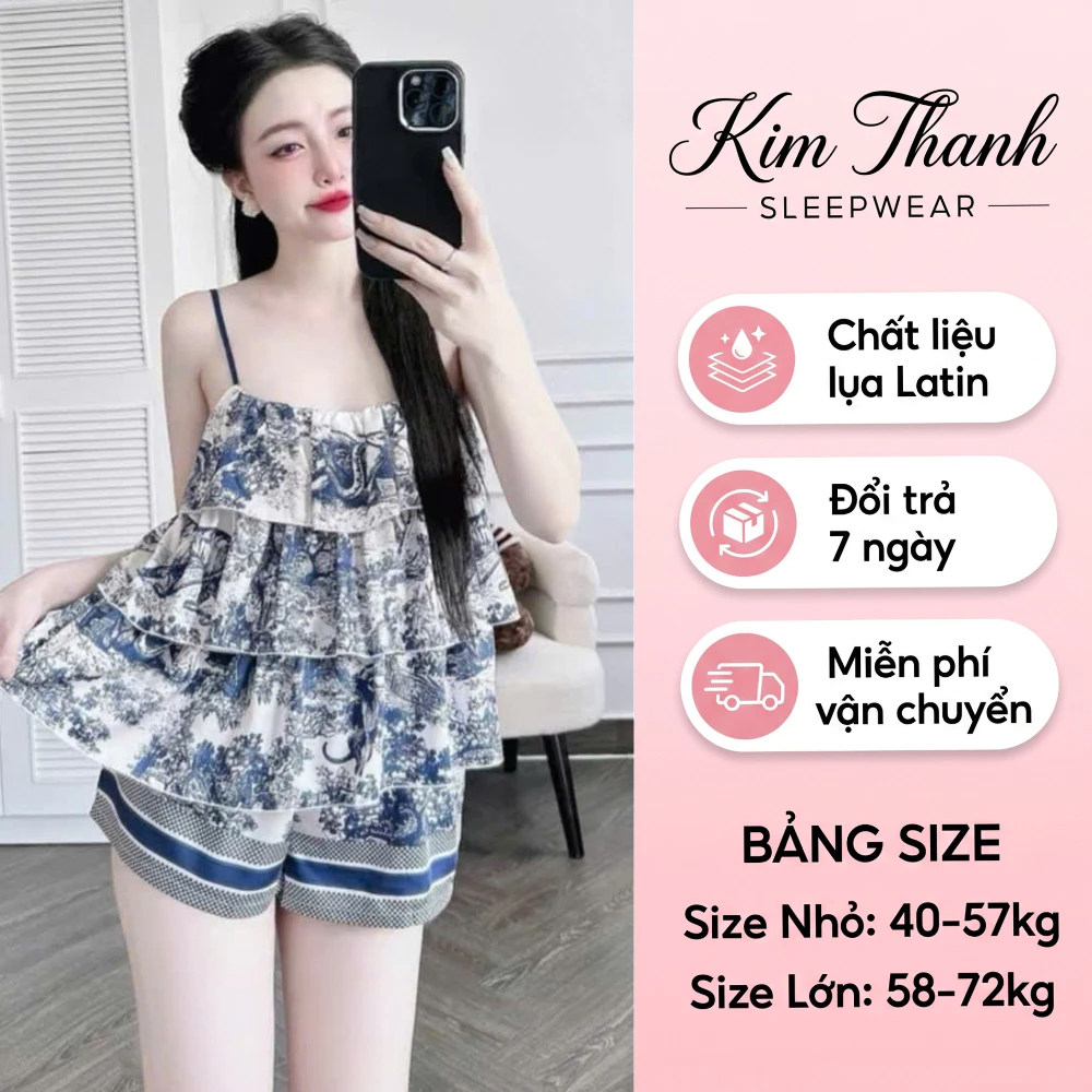 Đồ Ngủ Xếp Li 3 Tầng X1 Kim Thanh - Lụa Latin Short Bông 2 Dây Họa Tiết Dễ Thương Size 40-72kg