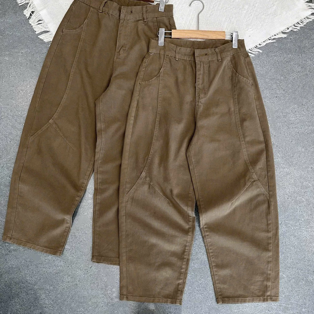 1201 BIGSIZE Quần baggy kaki nữ cạp cao,quần baggy dáng thụng kaki phối viền