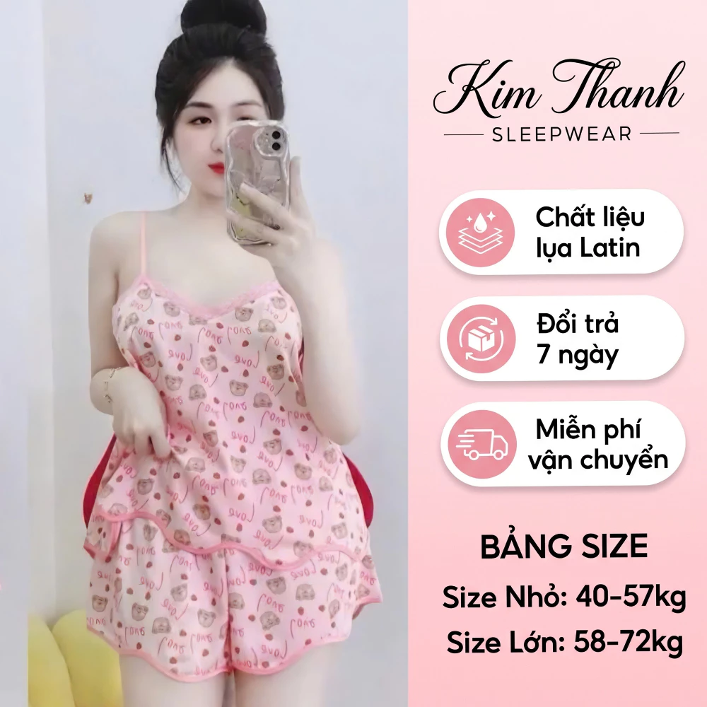 Đồ Ngủ 2 Dây Lụa Latin K6 Kim Thanh - Short Bông Phối Ren Họa Tiết Hoa Nhí Gấu Dễ Thương Size 40-75kg