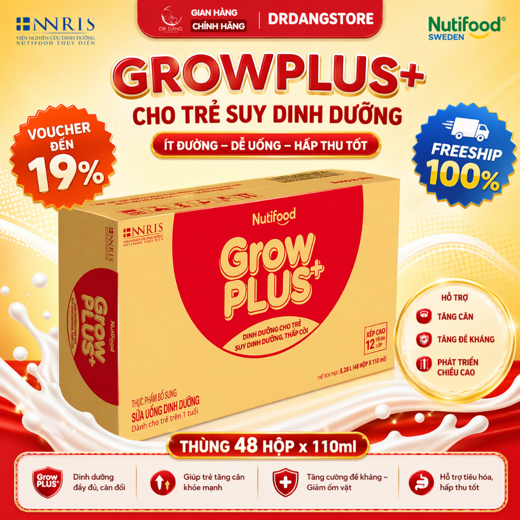 Thùng SBPS Nutifood GrowPLUS+ Đỏ Ít Đường (Suy Dinh Dưỡng) (48 Hộp x110ml)