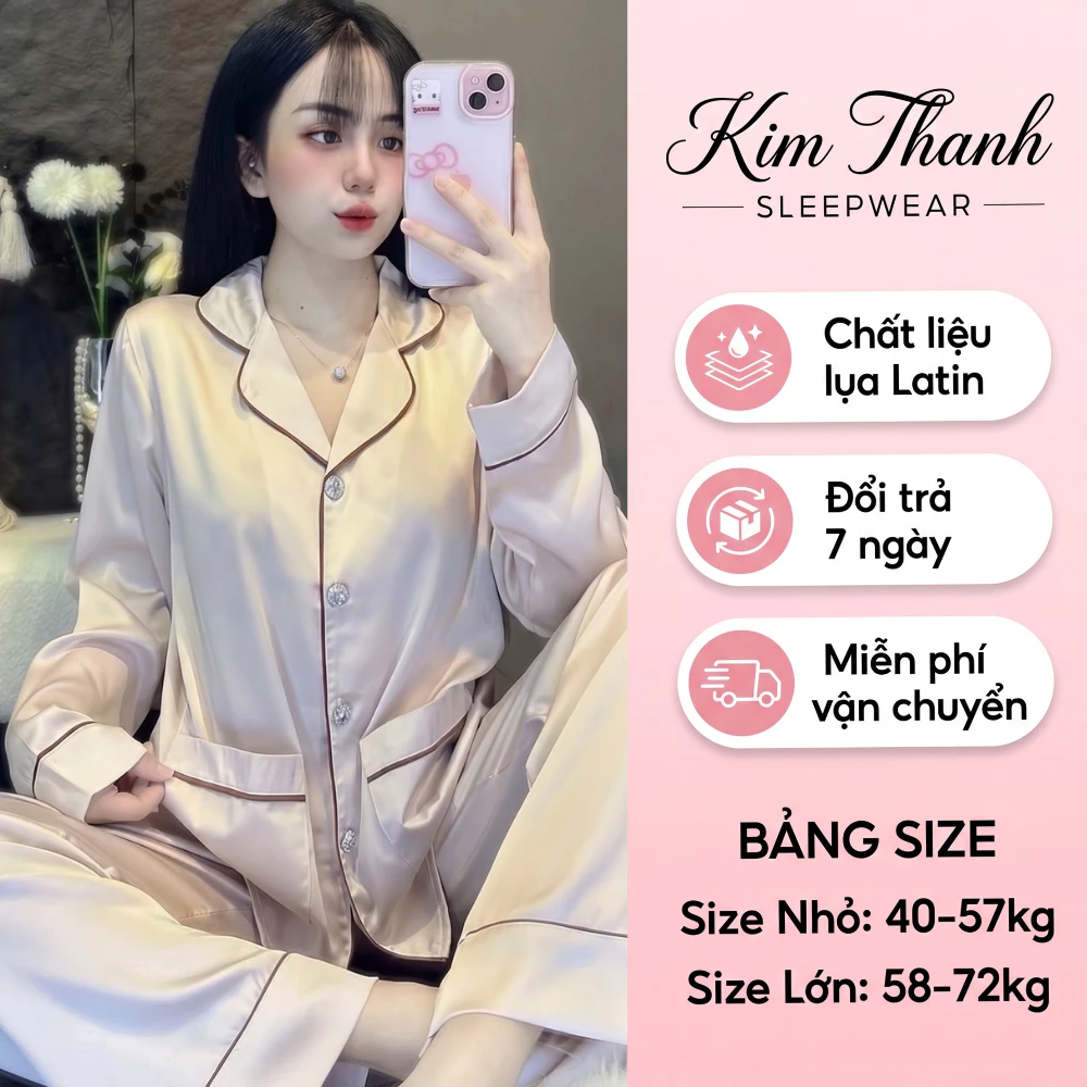 NEW - Set Pyjama Lụa Latin Dài Tay Cổ Vest Phối Viền - Sang Trọng, Mềm Mịn Thời Trang Kim Thanh Q8