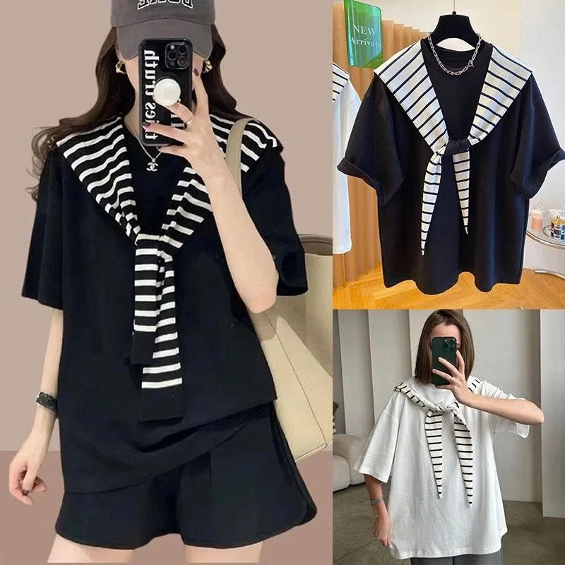 Áo Phông Cộc Tay Nữ Tính Quàng Khăn Kẻ Sọc Chất Cotton 2 Chiều Mềm Mát phù hợp đi chơi đi làm
