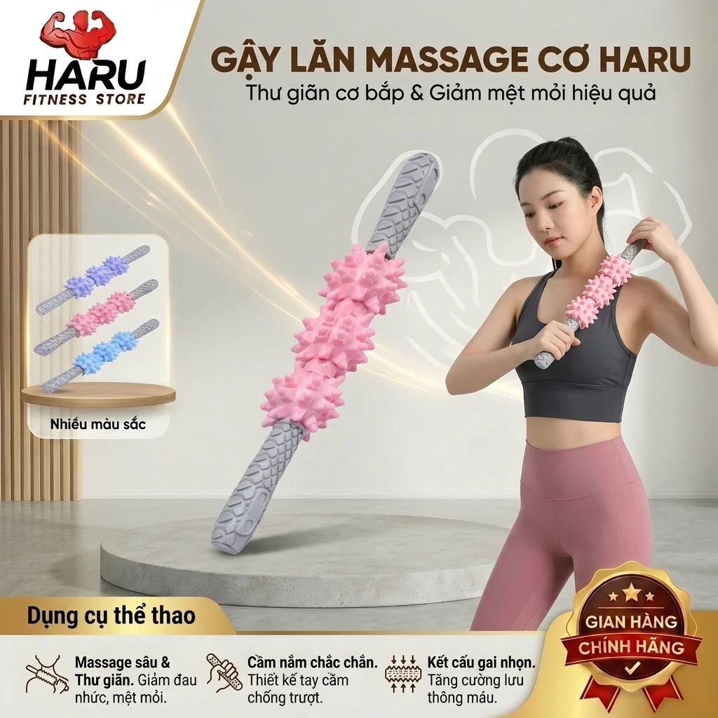 Gậy Lăn Massage Cơ Bắp Gai HARU – Dụng Cụ Giãn Cơ, Phục Hồi Cơ, Giảm Đau Nhức, Thư Giãn HR56