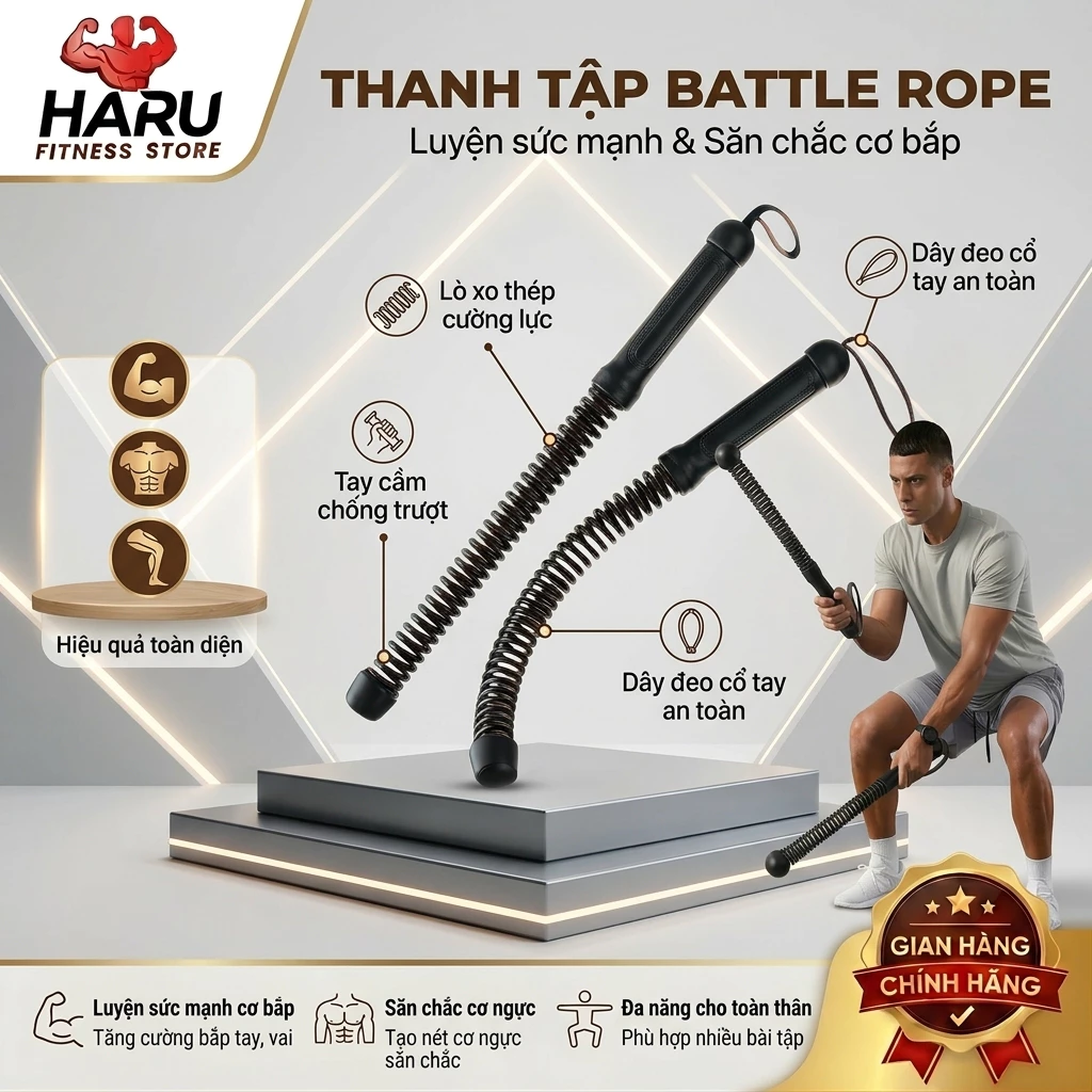Thanh Battle Rope HARU HR64 - Lò Xo Thép Chống Trượt, Luyện Thể Lực, Tập Toàn Thân Gym