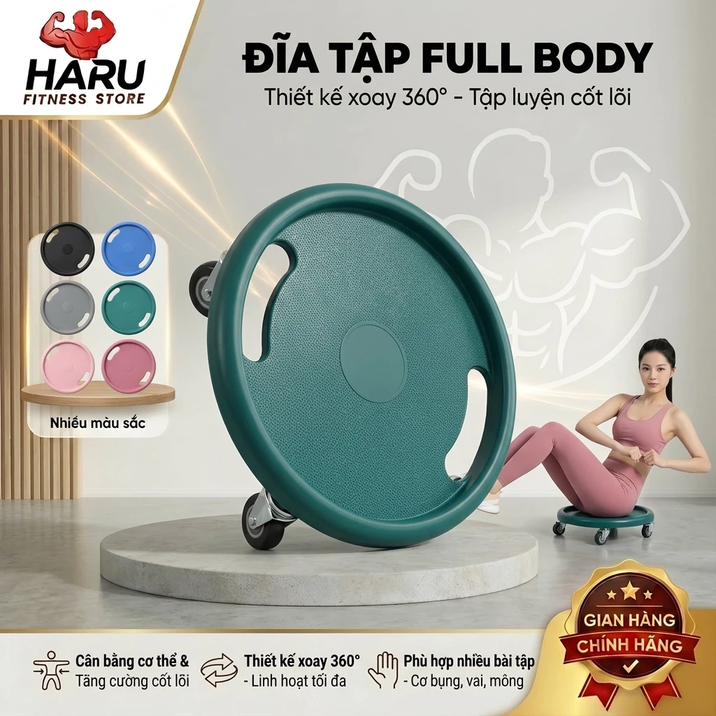 [XOAY 360 ĐỘ] Đĩa Tập Full Body HARU HR65 - 4 Bánh Xe Chịu Lực 100kg, Tập Cơ Bụng & Toàn Thân Chuyên Sâu