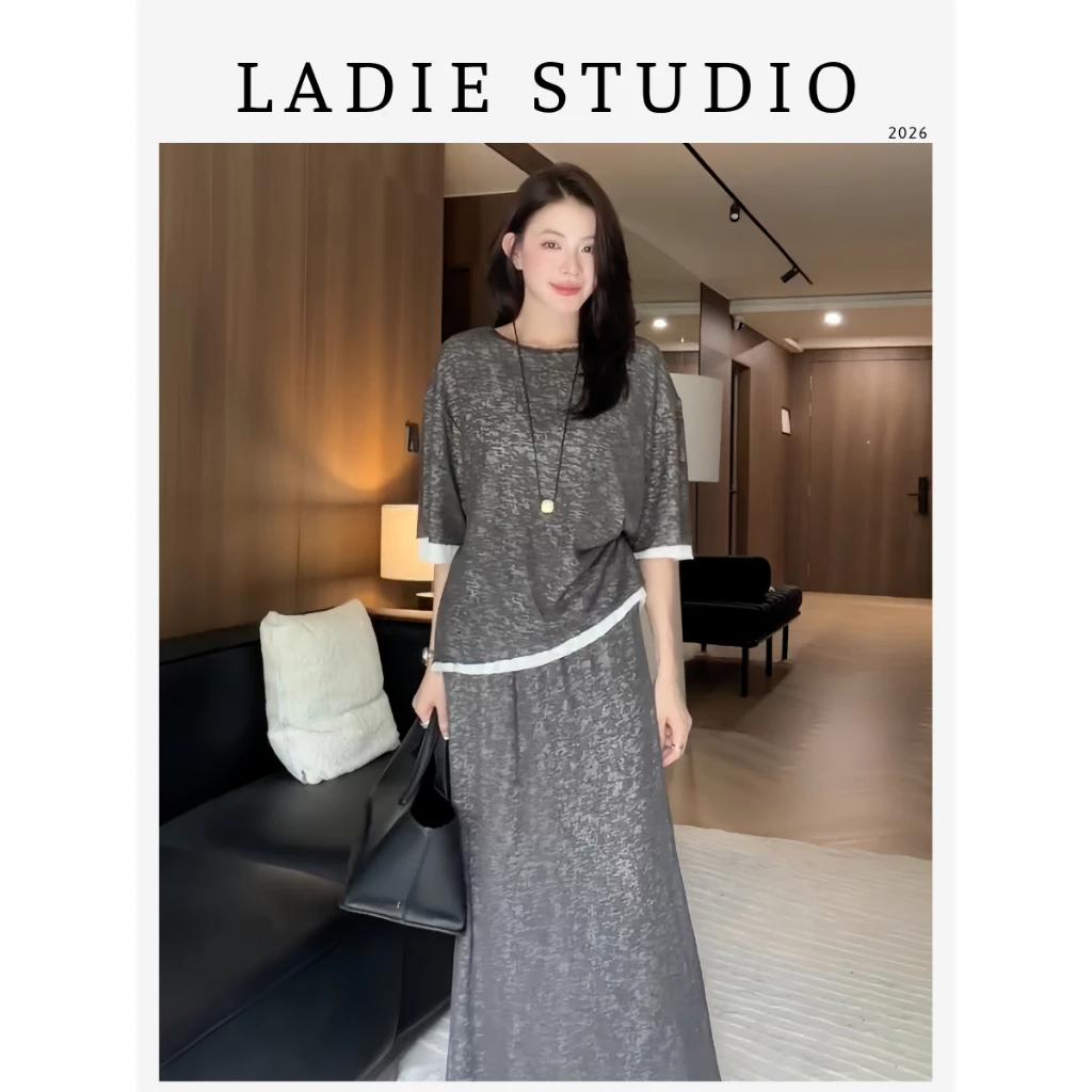 [LADIE STUDIO] Set áo oversize + váy maxi Ladie Studio – set thun dáng rộng thanh lịch tối giản hiện đại SET02
