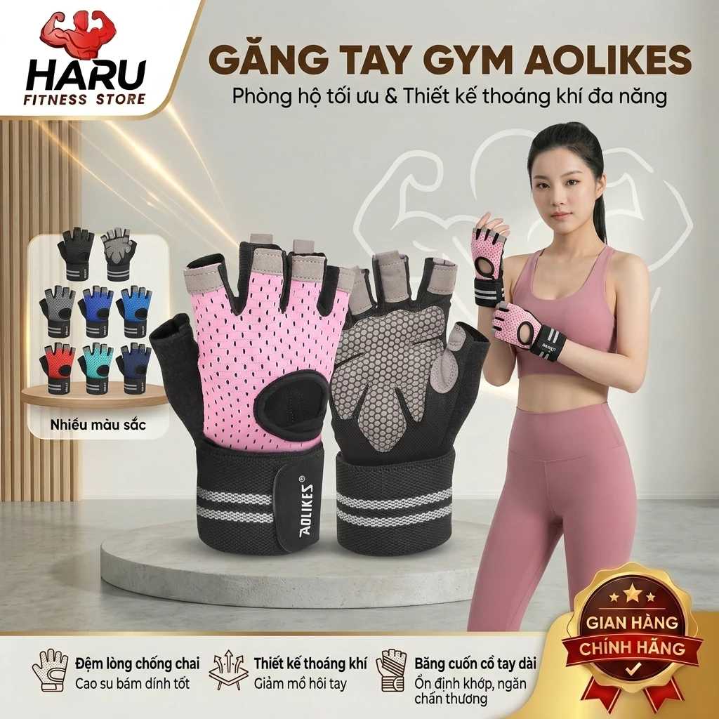 Găng Tay Tập Gym Thể Thao Haru Hở Ngón Chống Trượt – Thoáng Khí, Bảo Vệ Cổ Tay, Lót Êm Thoải Mái HR80