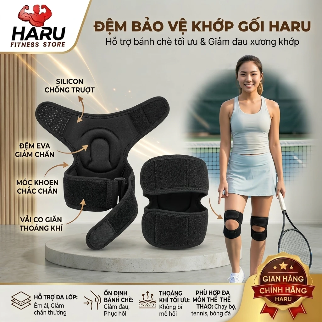 Đệm Bảo Vệ Khớp Gối HARU - Băng Gối Thể Thao Thoáng Khí Velcro Chống Sốc Gym Bóng Chuyền HR25