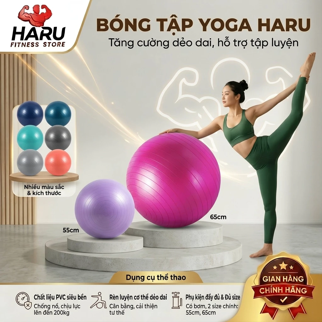 Bóng Tập Tặng Bơm Gym Yoga Haru Trơn 65-75cm, Chống Nổ, Pilates, Phục Hồi, Đàn Hồi Cao HR39