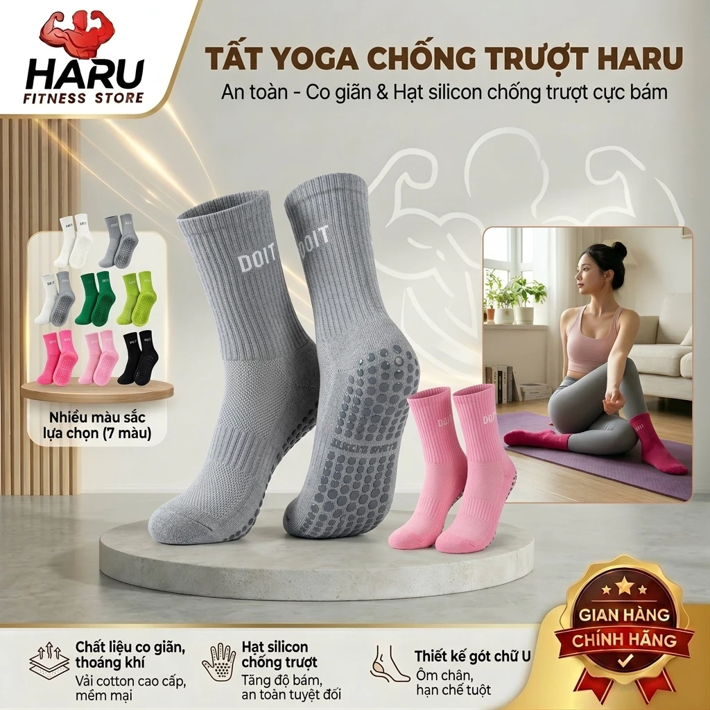 Tất Yoga Chống Trượt HARU - Vớ Tập Yoga Pilates Grip Silicon, Thoáng Khí, Co Giãn 4 Chiều DOIT Cao Cấp HR84