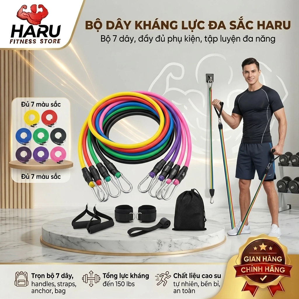 Bộ 5 Dây Ngũ Sắc Haru 11 Phụ Kiện, Kháng Lực Tập Full Body Gym Đàn Hồi Cao HR19