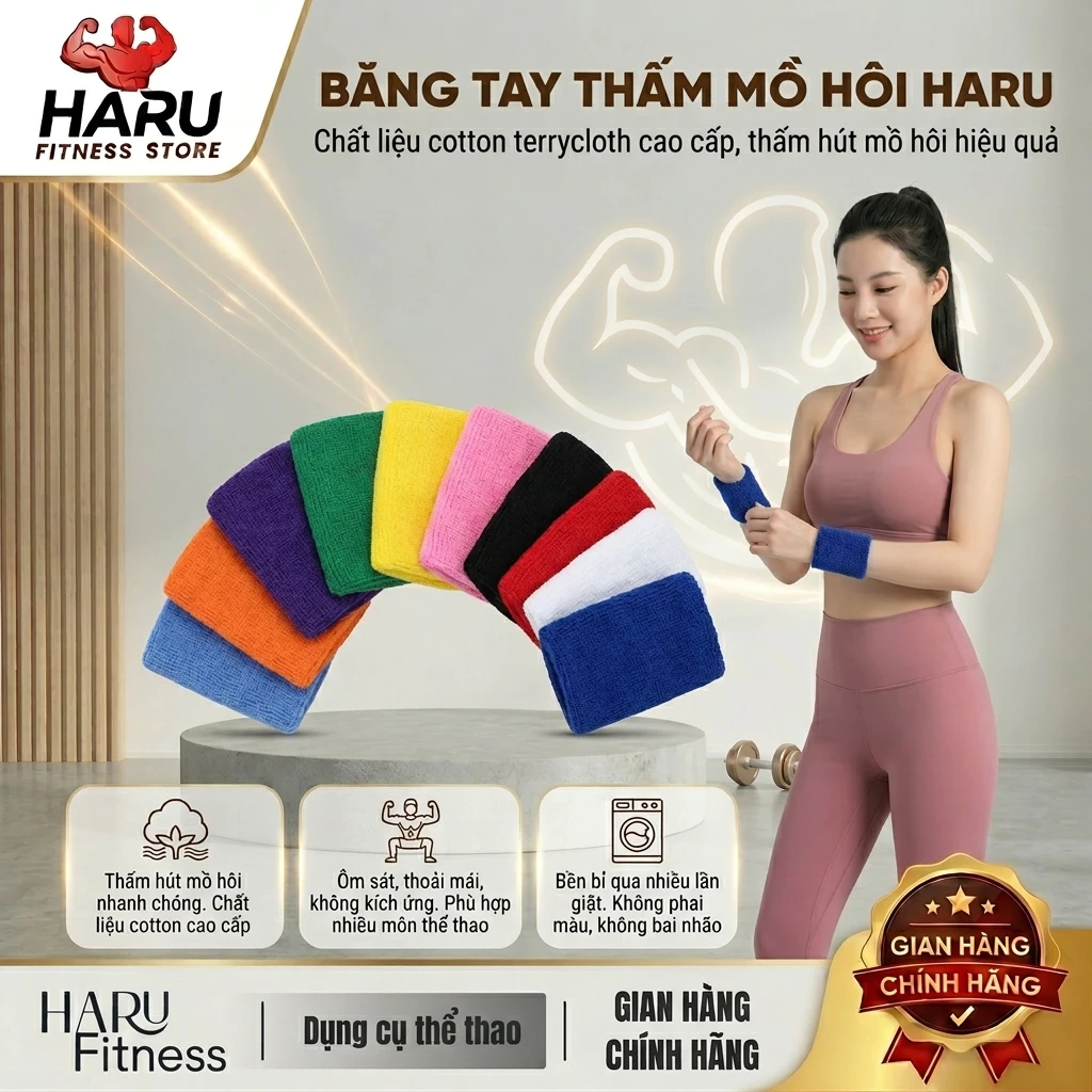Băng Cổ Tay Thể Thao Thấm Mồ Hôi HARU HR26, Băng Cuốn Cotton Bảo Vệ Cổ Tay Tập Gym Pickleball