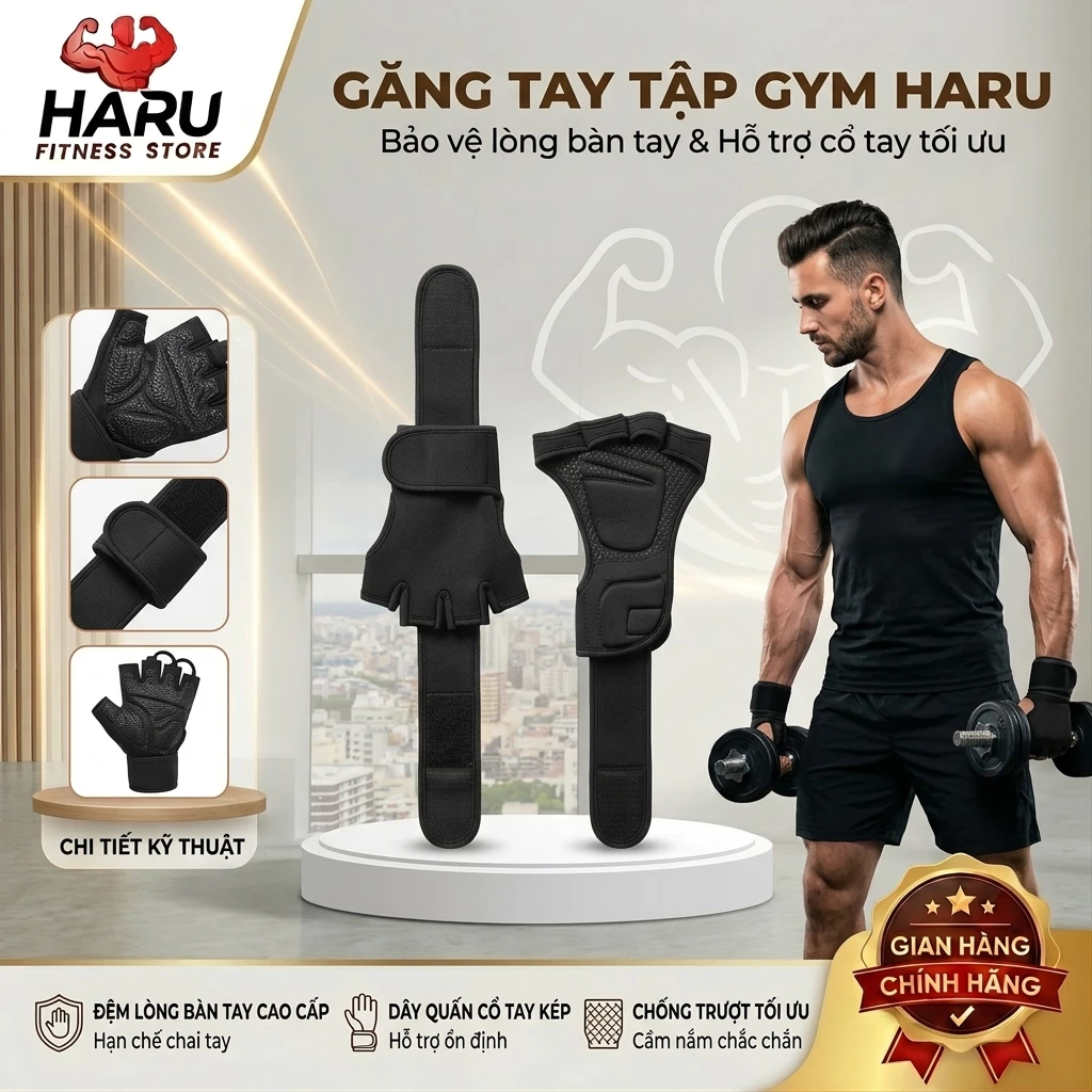 Găng Tay Tập Gym Nửa Ngón HARU – Găng Tay Thể Thao Chống Trượt, Bảo Vệ Bàn Tay, Thoáng Khí HR75
