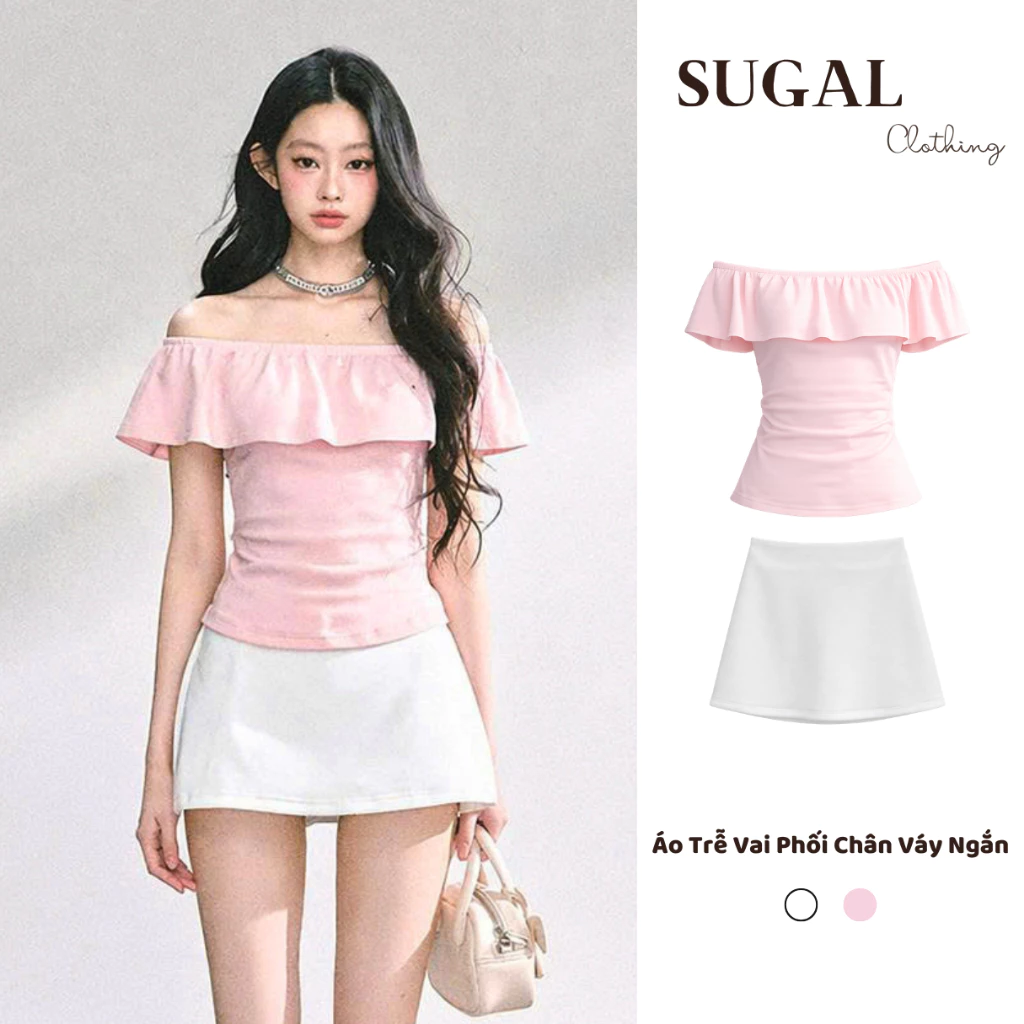 SUGAL - Set Áo Thun Trễ Vai Chất Cotton Dày Dặn - Phối Chân Váy Ngắn Umi Hàng Loại 1 | TOP 233 + CV NU 101