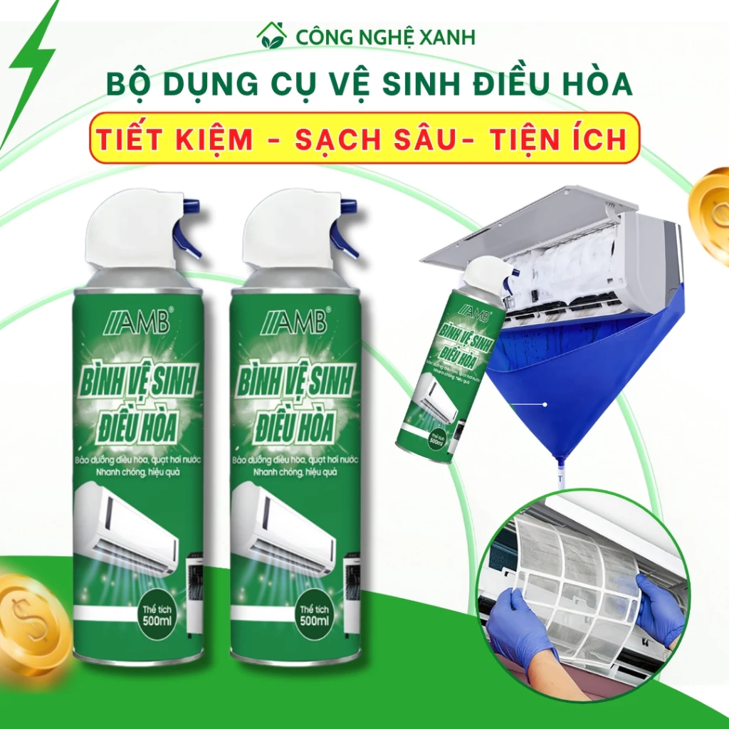 Bộ dụng cụ vệ sinh điều hòa AMB, vệ sinh maý lạnh tại nhà, làm sạch bụi bẩn, khử mùi, điều hòa máy lạnh bình 500ml