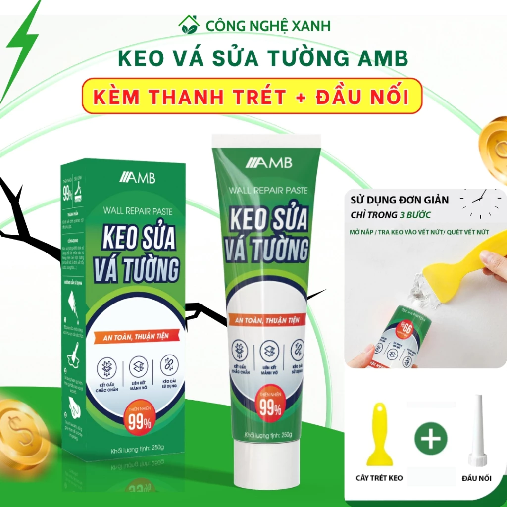 Keo vá tường chống thấm AMB 250 gram, phục hồi vết nứt vỡ, trám trét vết nứt khe hở tường, chống mốc ẩm làm sạch tường