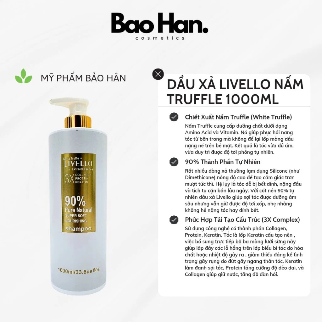 DẦU XẢ LIVELLO NẤM TRUFFLE 1000ML - SIÊU MƯỢT , PHỤC HỒI CHUYÊN SÂU , 90% THUẦN TỰ NHIÊN , 3X COLLAGEN KERATIN PROTEIN