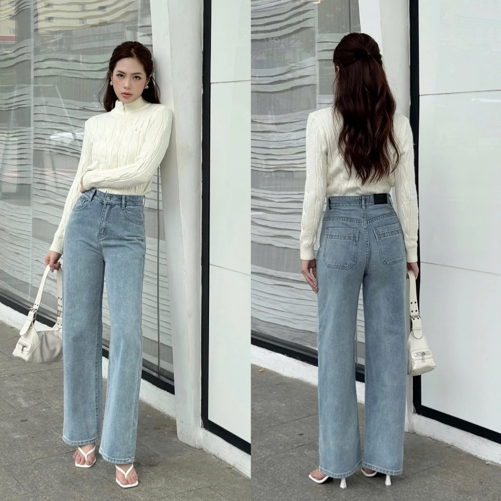 THE QUẠO - Quần Jeans Nữ Lưng Cao Ống Rộng Dáng Suông Túi Kiểu Màu Xanh Nhạt Bụi S3110_710