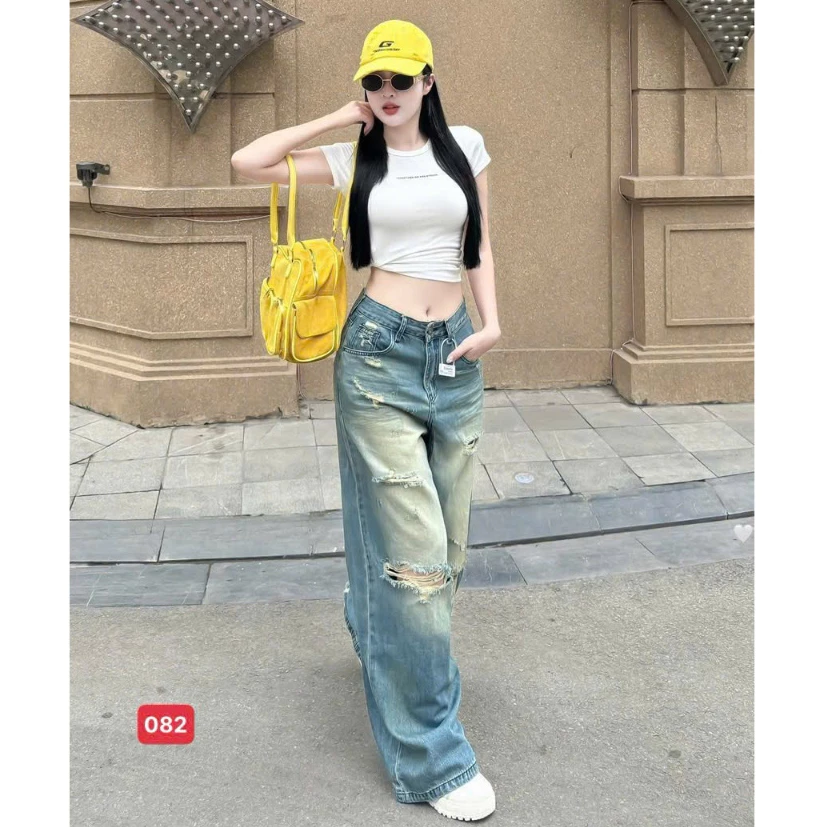 Quần Jean Nữ Xuông, Quần Jeans Nữ Ống Rộng phối rách mẫu mới cạp cao hack dáng mặc là nghiền - 082