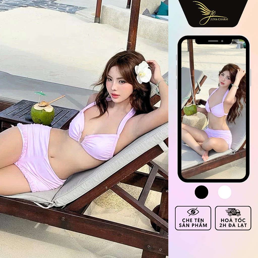 Bikini 2 Mảnh Quần Đùi Phối Bèo JUNA Freesize Thời Trang Đồ Bơi, Đồ Đi Biển Dành Cho Nữ, Chất Vải Thun, Màu Hồng/SP9904