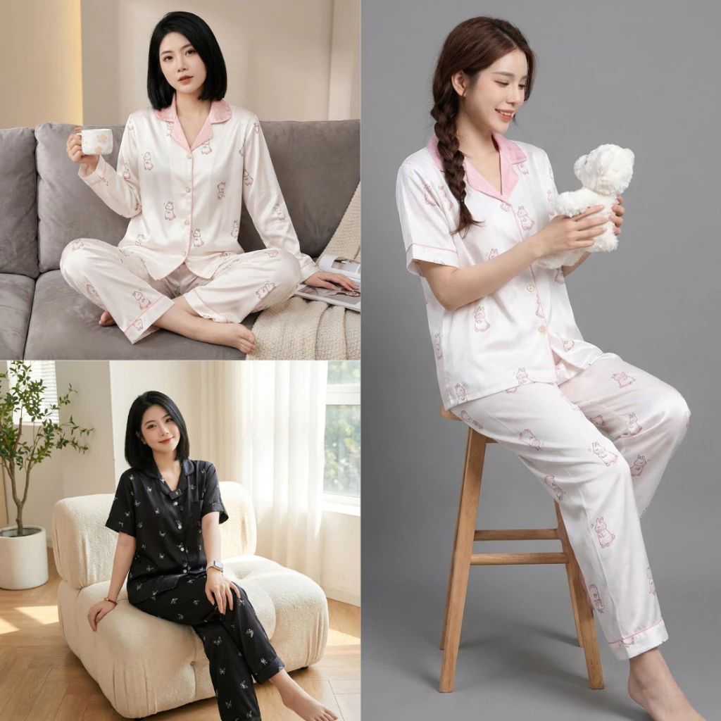 Bộ pyjama cộc tay quần dài, họa tiết dễ thương hàng Quảng Châu, Bộ đồ ngủ nữ lụa xước cao cấp BN027