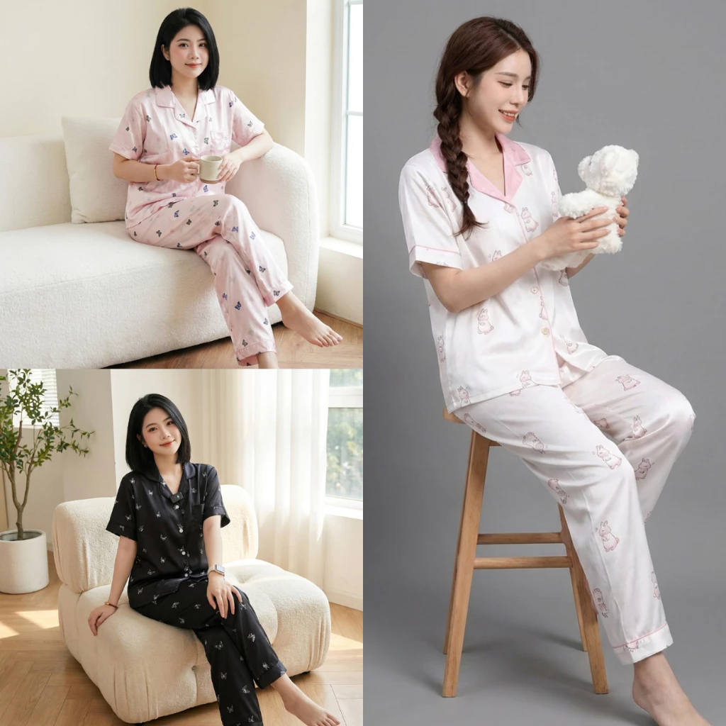 Bộ đồ ngủ nữ lụa xước cao cấp, bộ pyjama cộc tay quần dài họa tiết dễ thương