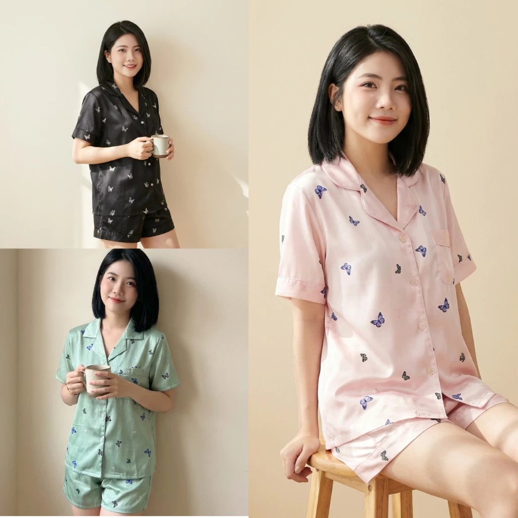 Bộ đồ pyjama lụa cao cấp họa tiết dễ thương cao cấp sang chảnh có thể mặc đi chơi ở nhà