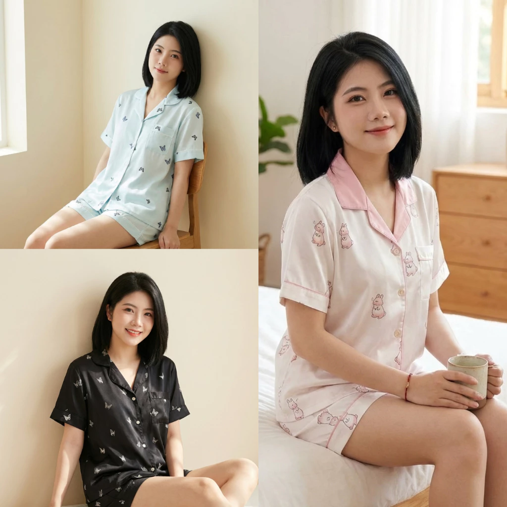 Bộ Pyjama Lụa Xước Cao Cấp In Hình Áo Cộc Tay Quần cộc Mặc Nhà Nữ Hè Thoáng Mát