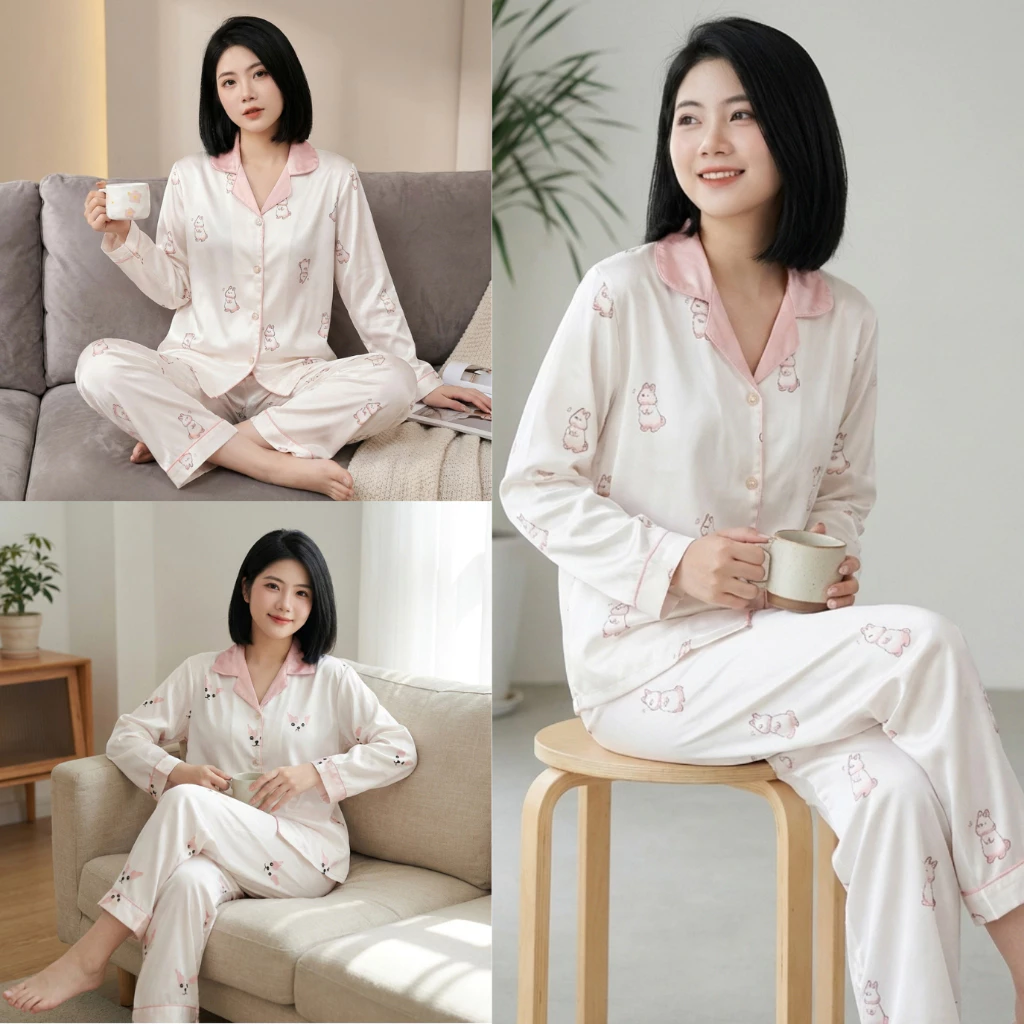 Bộ pyjama Dài tay họa tiết dễ thương hàng Quảng Châu, Bộ đồ ngủ nữ lụa xước cao cấp BN027