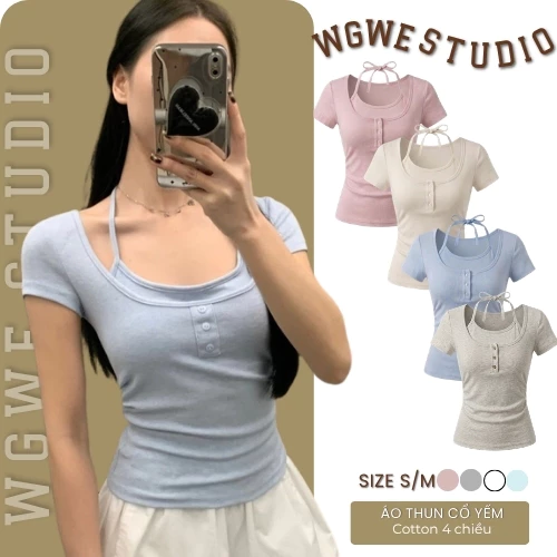 WGWE Áo Thun Nữ Ôm Body 8613 Cổ Yếm Lót Đệm Ngực – Áo Phông Nữ Tay Ngắn Tôn Dáng Sexy