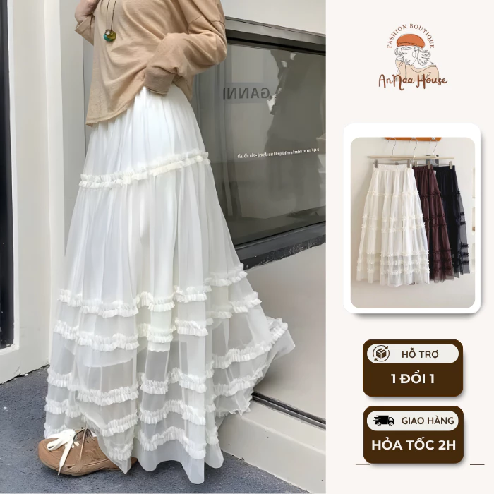 Chân váy ren dáng dài viền bèo tầng che khuyết điểm phong cách vintage dễ phối đồ