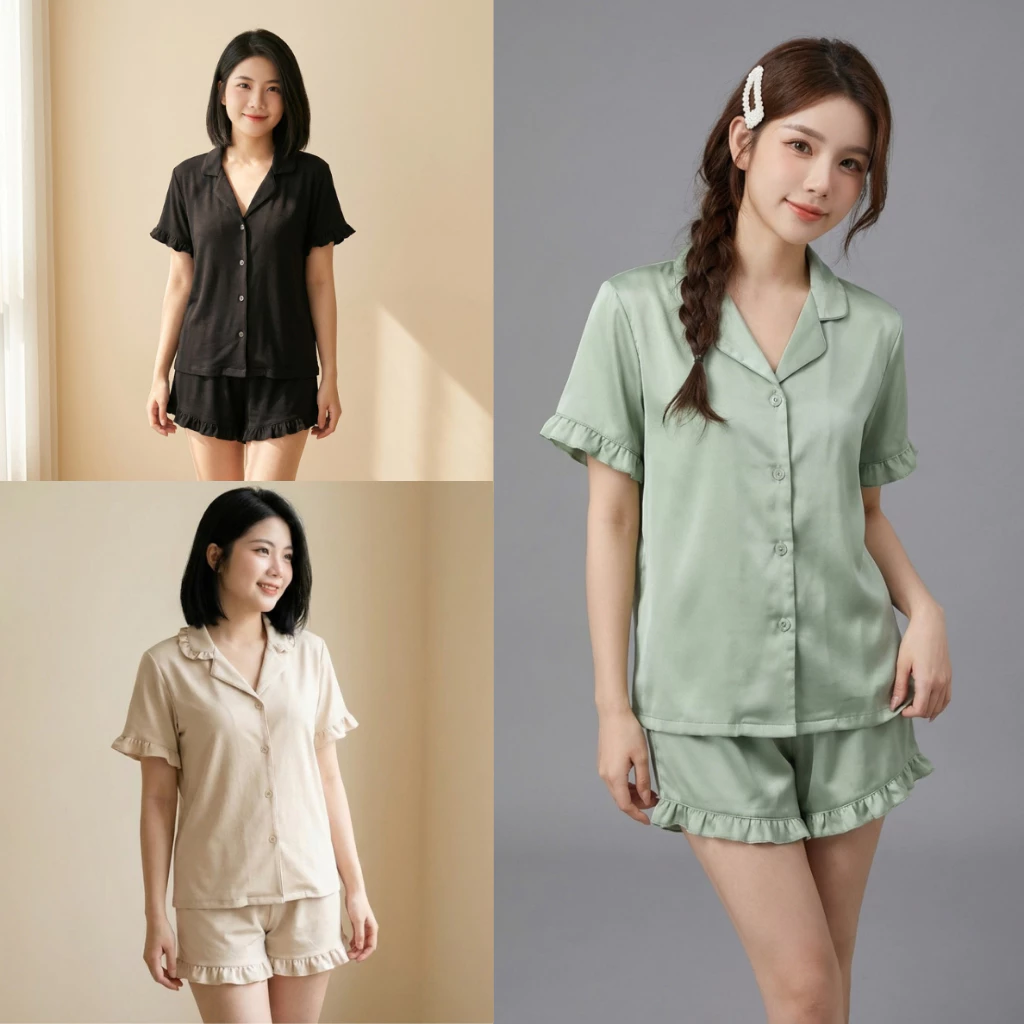 Bộ đồ ngủ nữ lụa Xước mềm mát, bộ pizama phối bèo trơn màu nữ tính , bộ ngủ cộc tay quần cộc C07