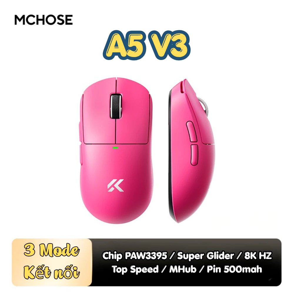 Chuột gaming không dây Mchose A5 V3 - Chip PAW3395 - Poling Rate 8K HZ - 3 Mode kết nối - DPI 26000 - Pin 500mah
