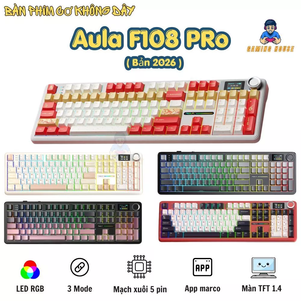 Bàn Phím Cơ Không Dây AULA F108 pro - 3 mode - Mạch Xuôi - Màn hình TFT - LED RGB - Có App - Núm xoay