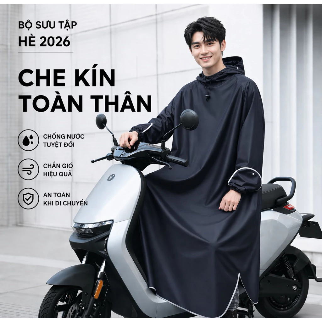 Áo mưa cho nam giới đi xe máy kiểu dáng đơn, có tay, dài liền thân, chống mưa toàn thân khi đi xe máy.