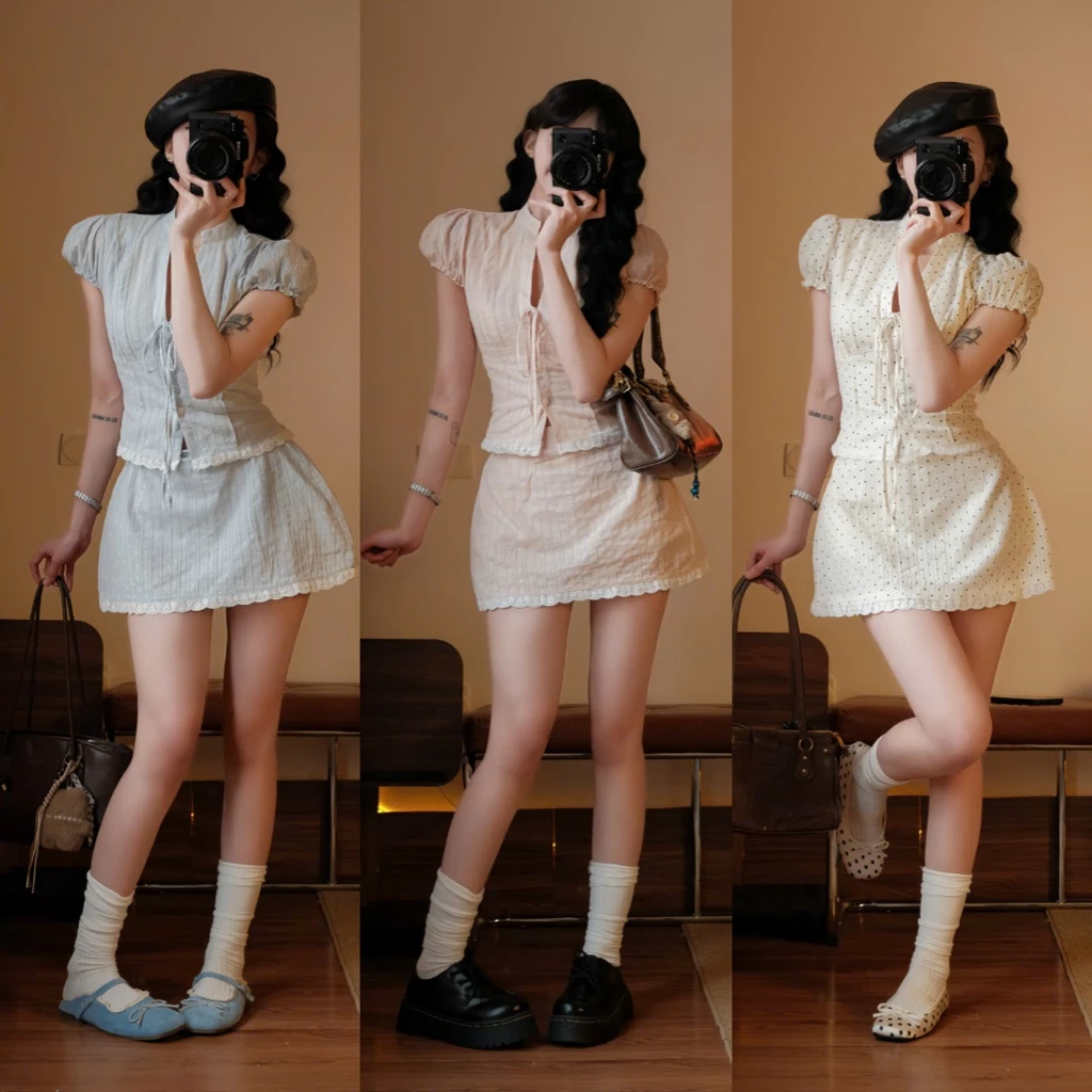 Set áo kiểu cổ V dáng ngắn croptop phối viền ren kèm chân váy ngắn chữ A ôm nhẹ tôn dáng tiểu thư, đi biển, đi chơi
