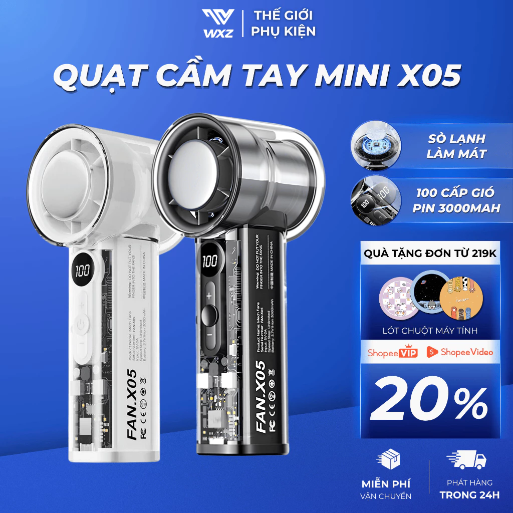 Quạt Cầm Tay Mini Sò Lạnh X05 Turbo Mecha Siêu Mát 100 Cấp Độ Gió Pin 3000mAh Làm Mát Tức Thì