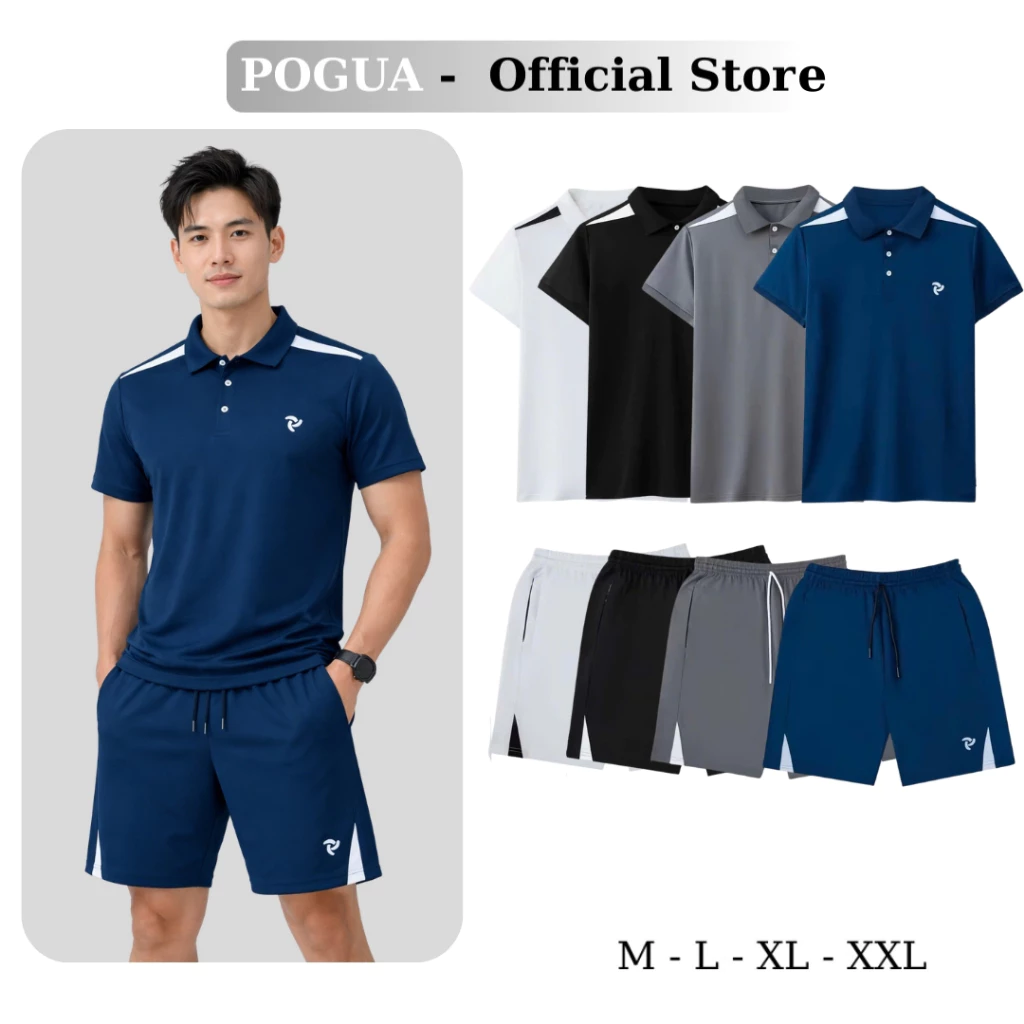 Bộ quần áo nam nữ cao cấp- Phối vai logo thêu- Chất liệu poly cá sấu co giãn mát mẻ- trẻ trung- POGUA CQ33