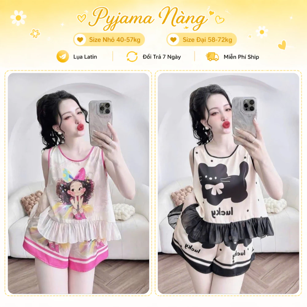 Bộ Cute Sát Nách Z8 - Set Ở Nhà Xinh Lụa Latin Mặc Nhà Thoải Mái Thoáng Mát Dễ Thương Size 40-75kg