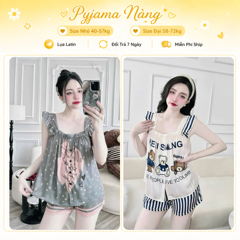 Set Cute 2 Dây X6 - Đồ Bộ Ở Nhà Xinh Lụa Latin Mặc Nhà Dễ Thương 9 Màu Size 40-72kg