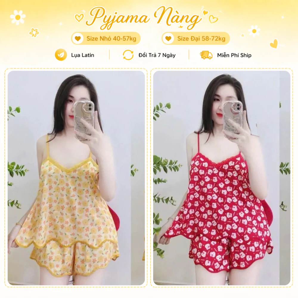 Bộ Cute 2 Dây K6 - Set Ở Nhà Xinh Lụa Latin Mát Mịn Họa Tiết Dễ Thương Mặc Nhà Chụp Ảnh Size 40-70kg